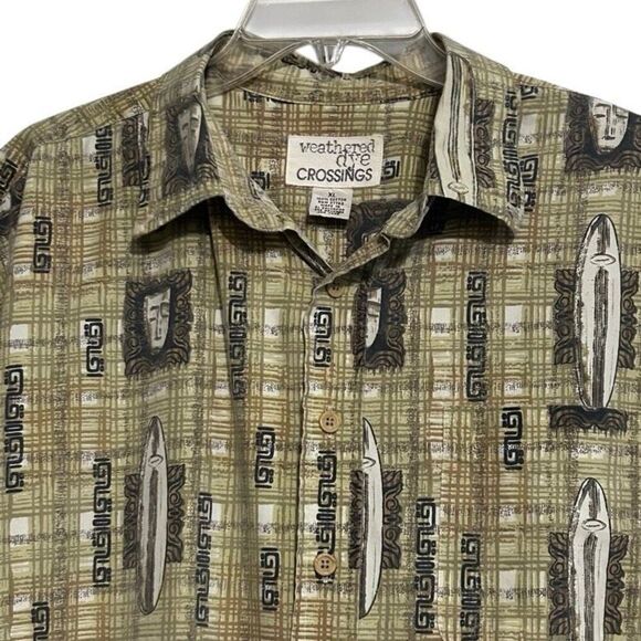 Vintage 90s Weathered Dye Crossings Button-up Shirt Men's XL Brown Green Tribal - Picture 4 of 13